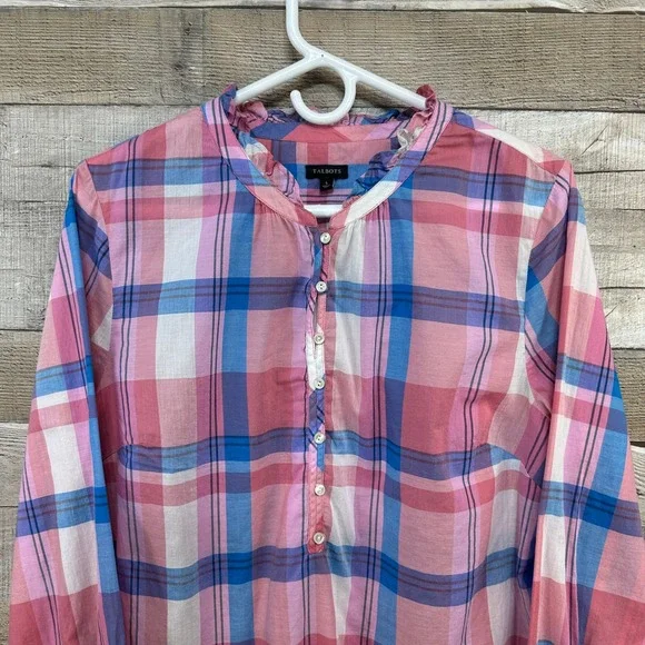 Talbots Womens Pink Blue Plaid Ruffle Collar Popover Cotton Blouse Top Large - Picture 2 of 6